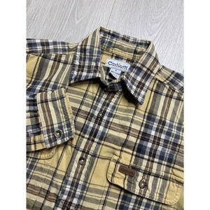 Carhartt Flannel Shirt Mens Medium Yellow Plaid Long Sleeve Thick Heavy Workwear